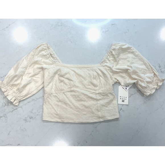 Billabong Flora Smocked Back Boho Crop Short Puff Sleeve Top Cotton Ivory M - Picture 2 of 9